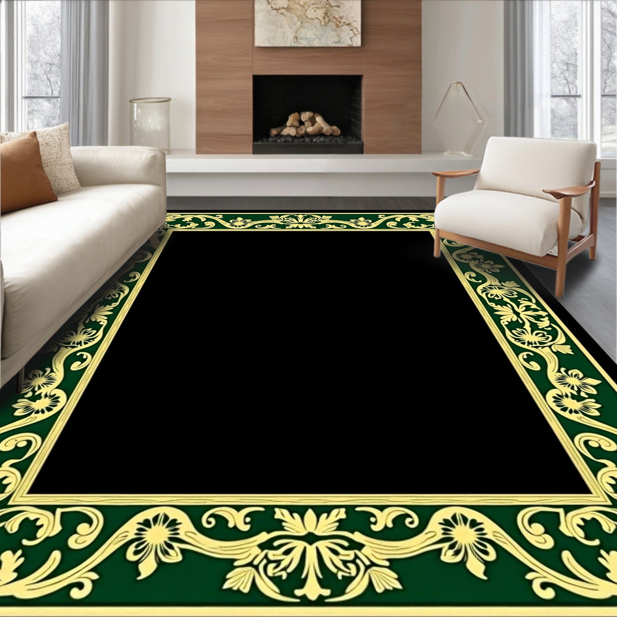 Antique Gold Green Floral Scroll Frame Rug