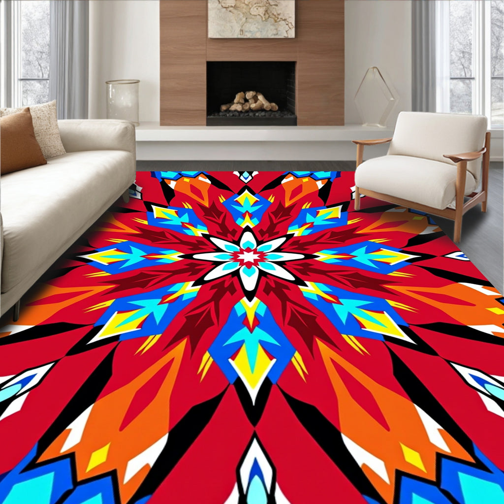 Vivid Red Geometric Starburst Rug