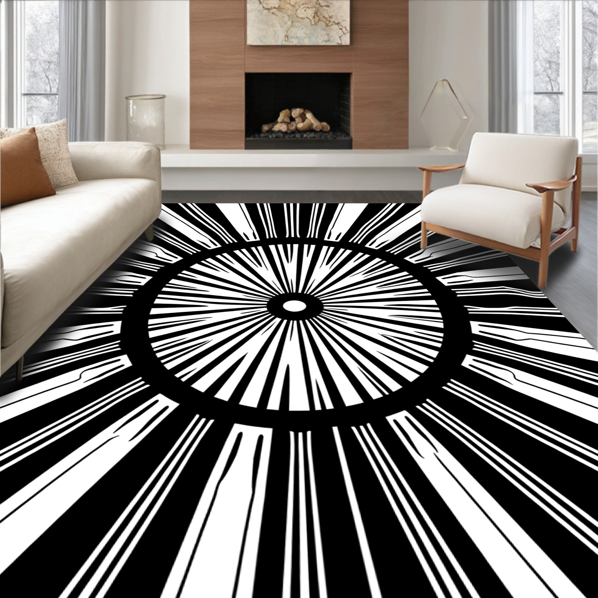 Radial Sunburst Black White Concentric Rug
