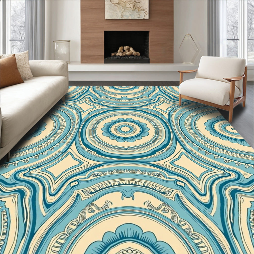 Cream And Teal Medallion Rug