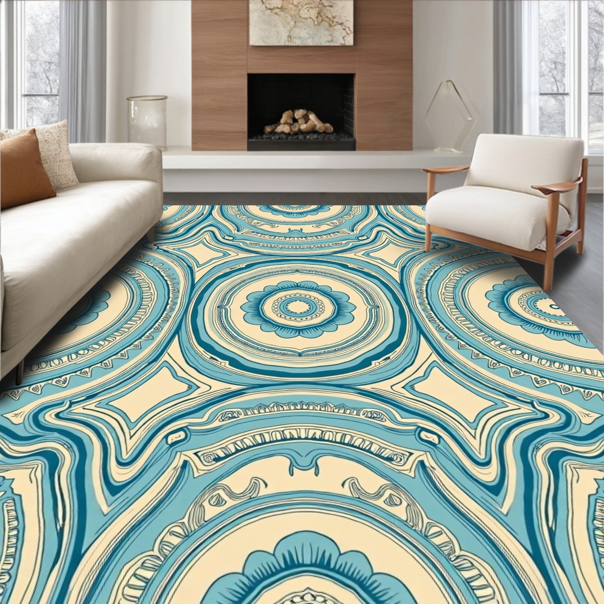 Cream And Teal Medallion Rug