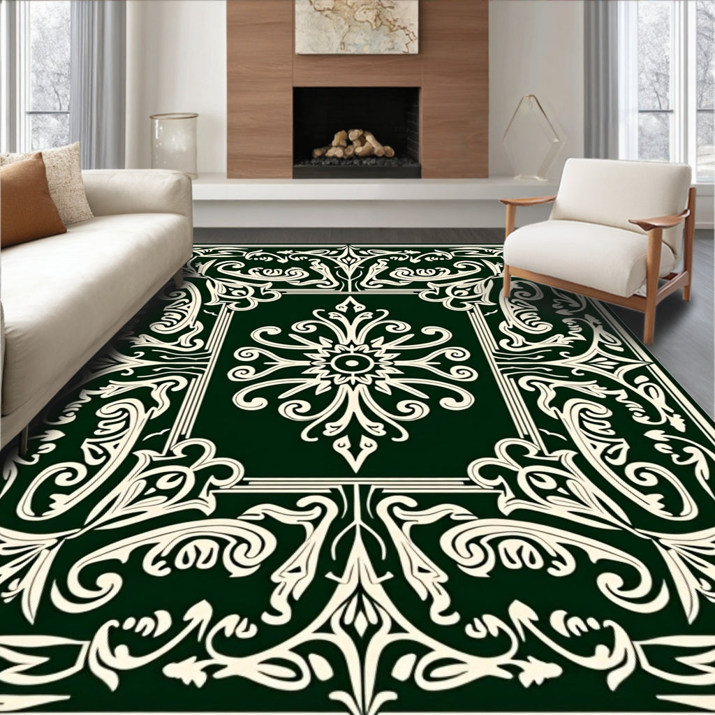 Dark Green Ivory Scrollwork Floral Rug