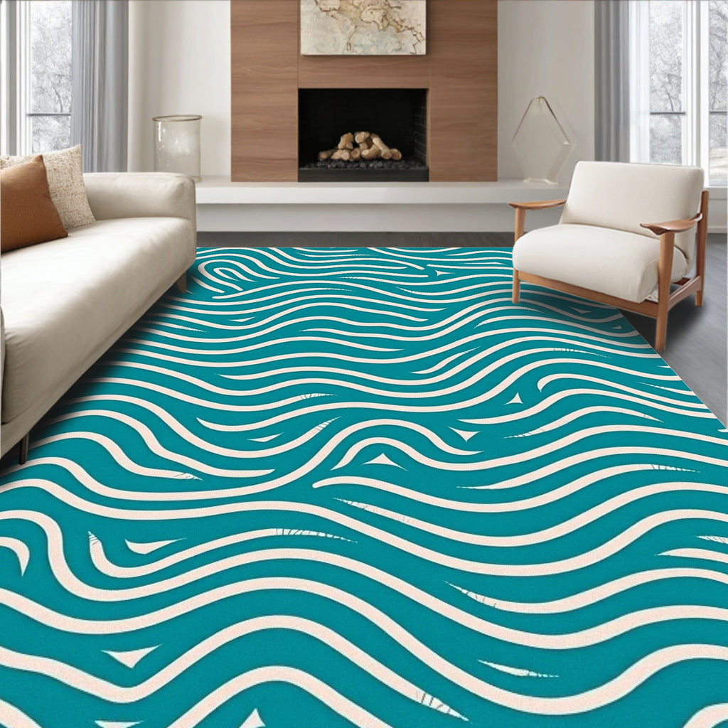 Deep Teal Cream Wavy Lines Rug
