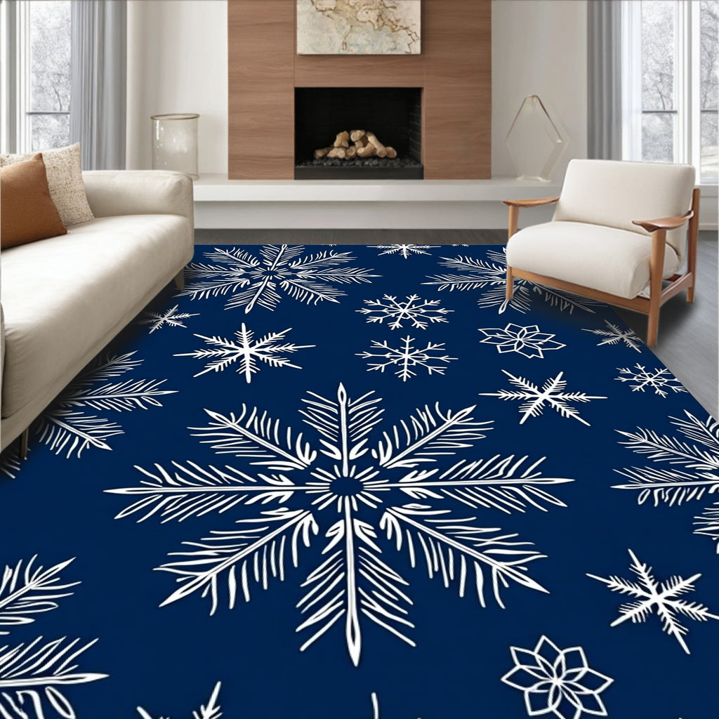 White Snowflake Navy Winter Scene Rug