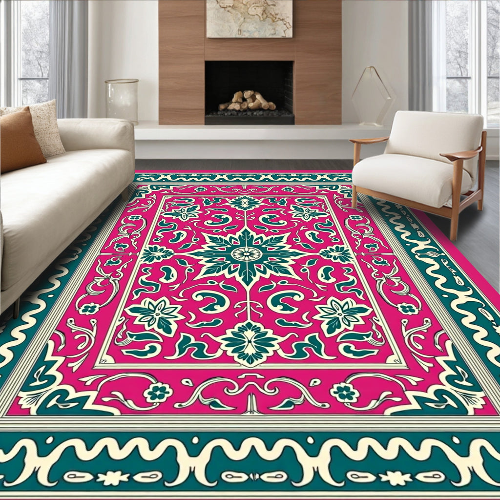 Rich Magenta Teal Floral Medallion Border Rug