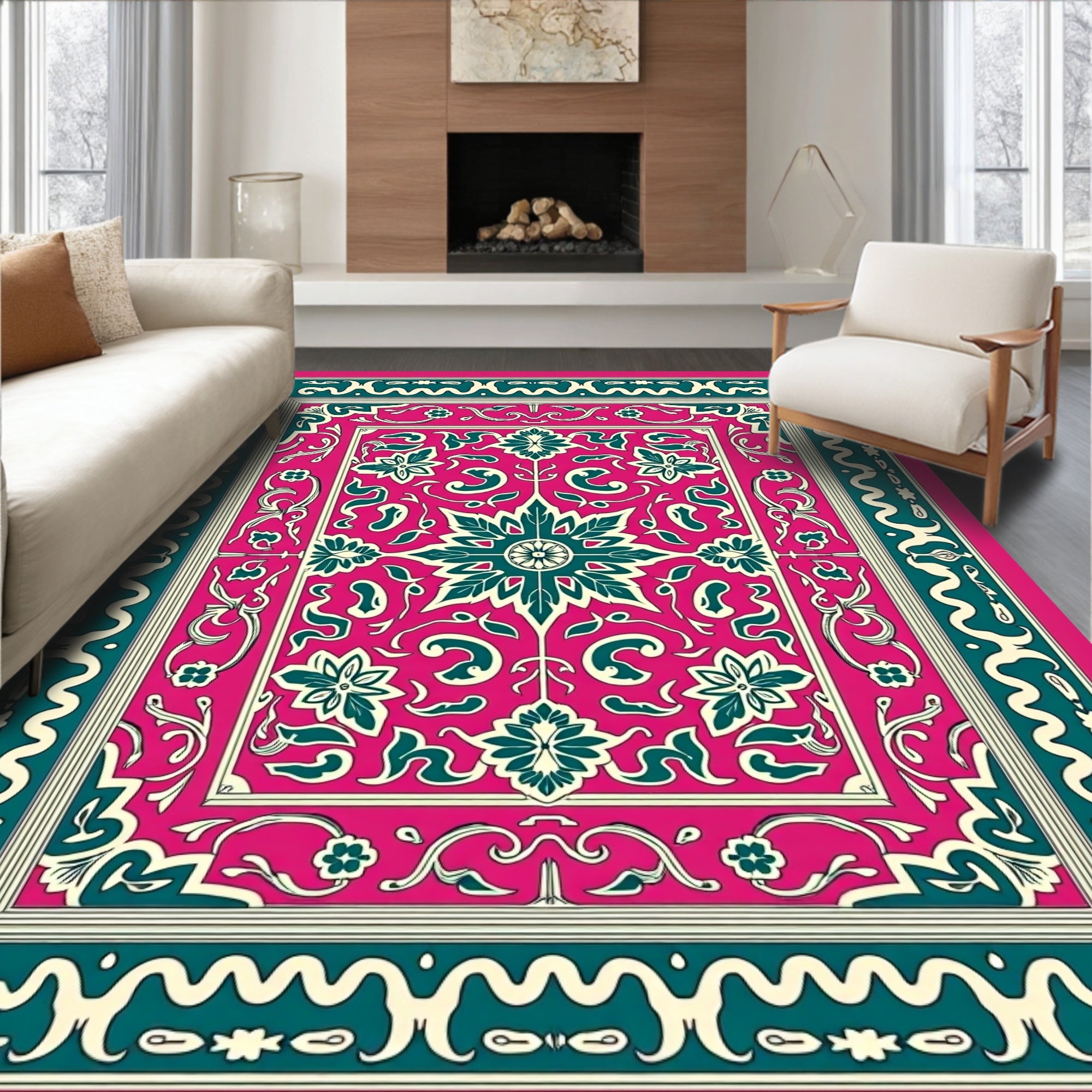 Rich Magenta Teal Floral Medallion Border Rug