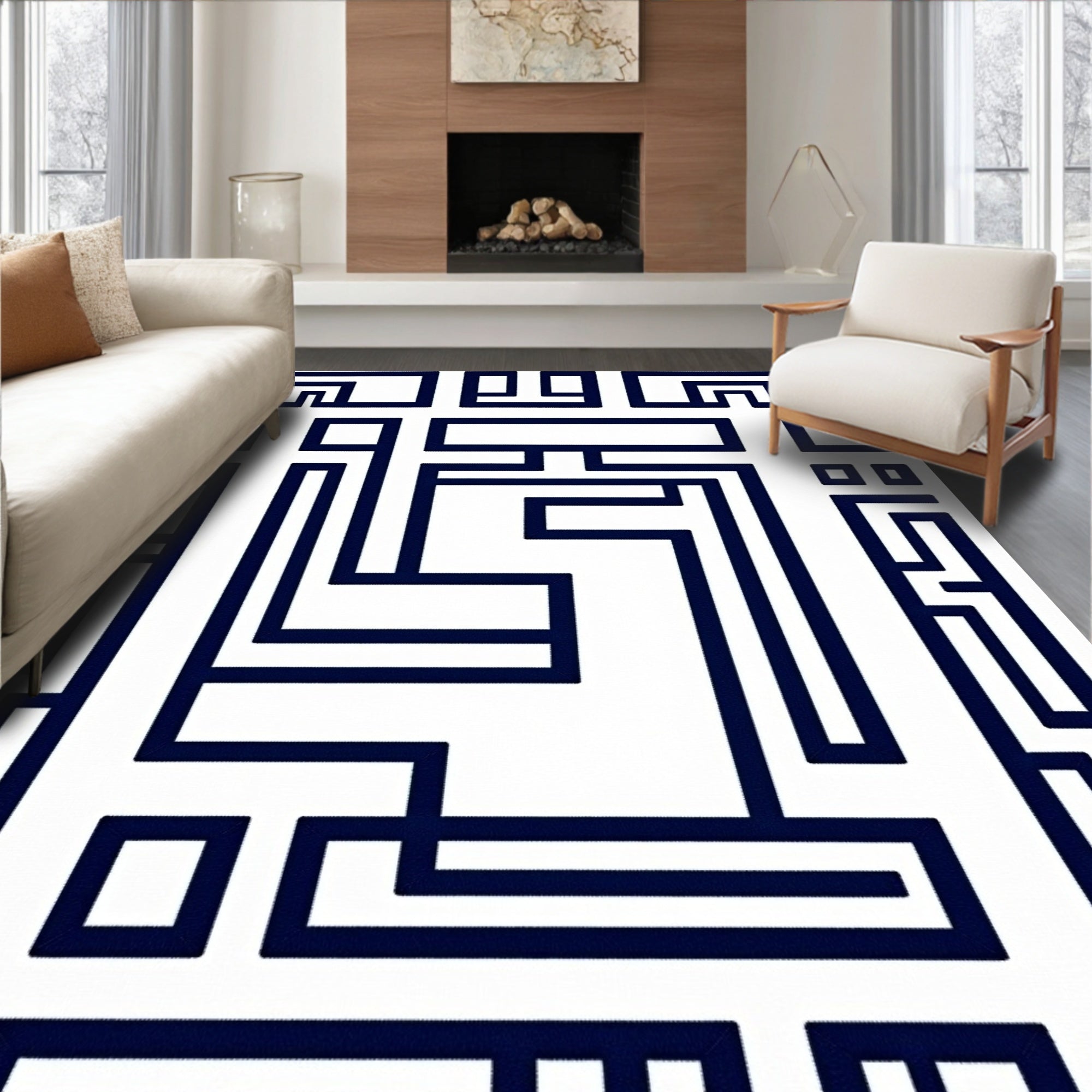 Navy White Geometric Maze Weave Rug