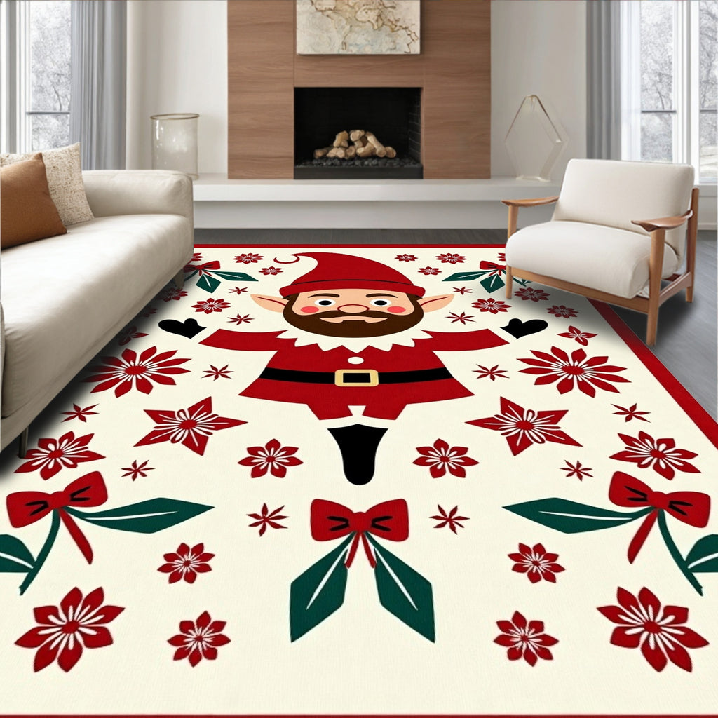 Whimsical Red Gnome Floral Holly Rug