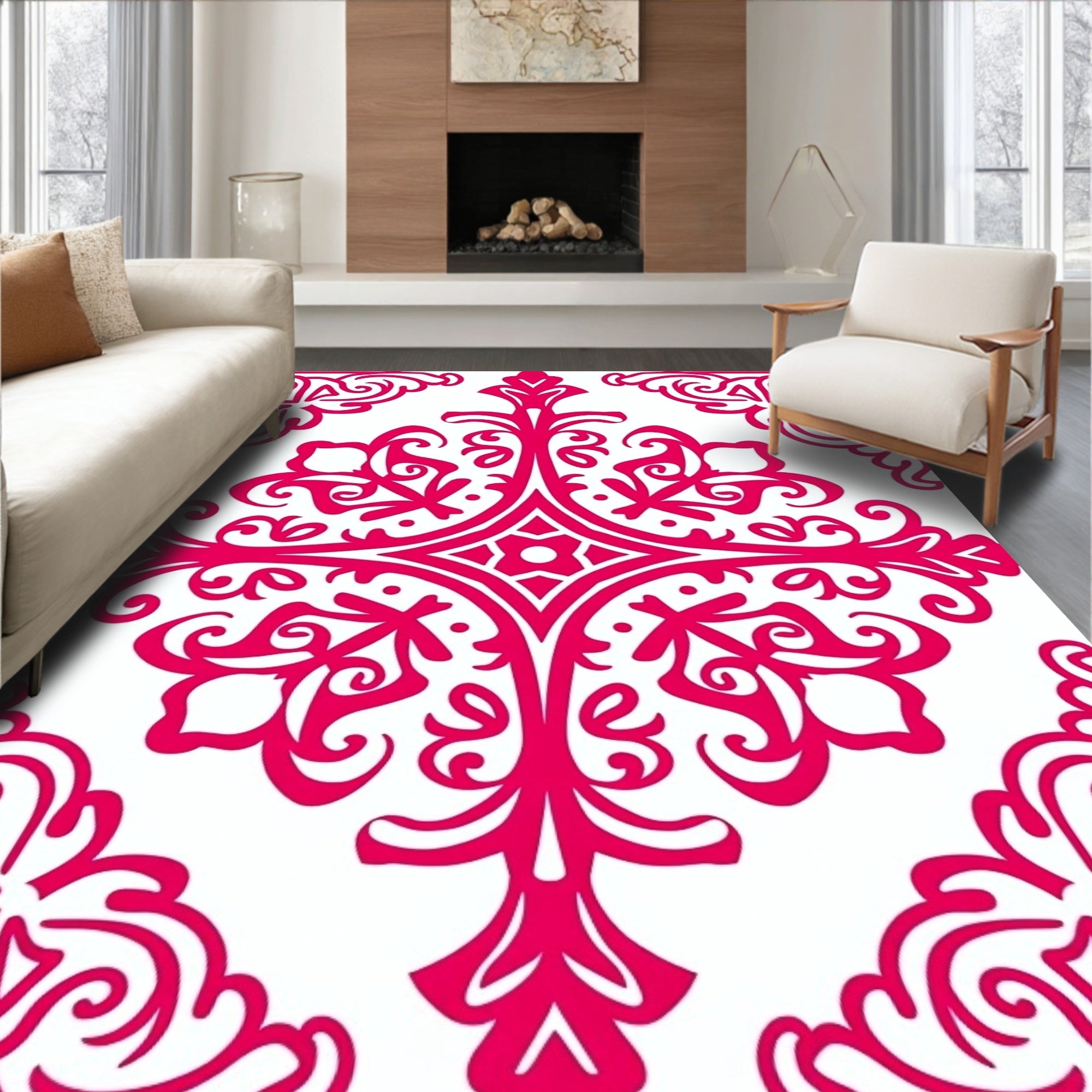 Exotic Fuchsia Scrollwork Mandala Rug