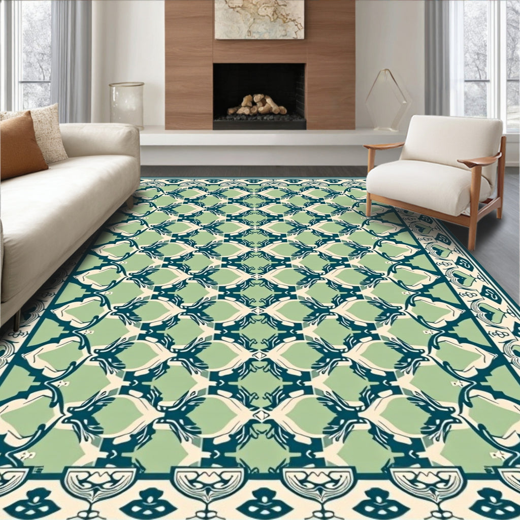 Green Teal White Bird Medallion Rug