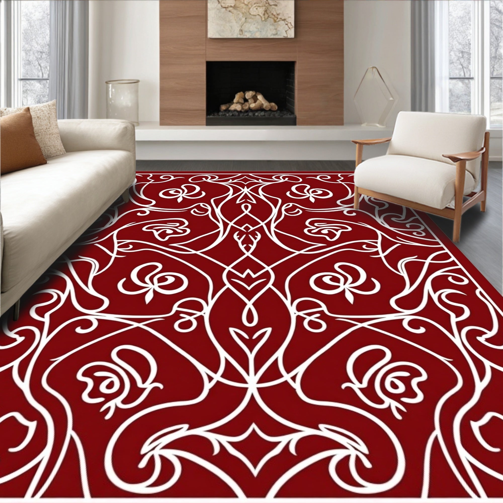 Crimson White Floral Vine Scroll Rug