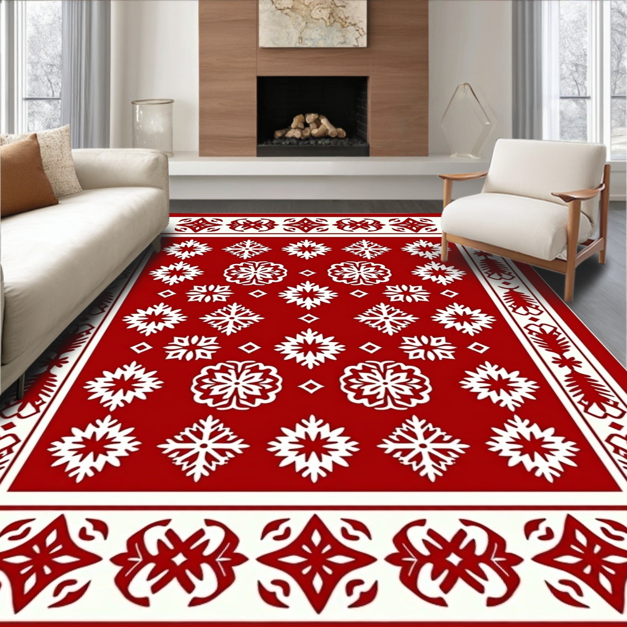 Red Snowflake Festive Winter Rug