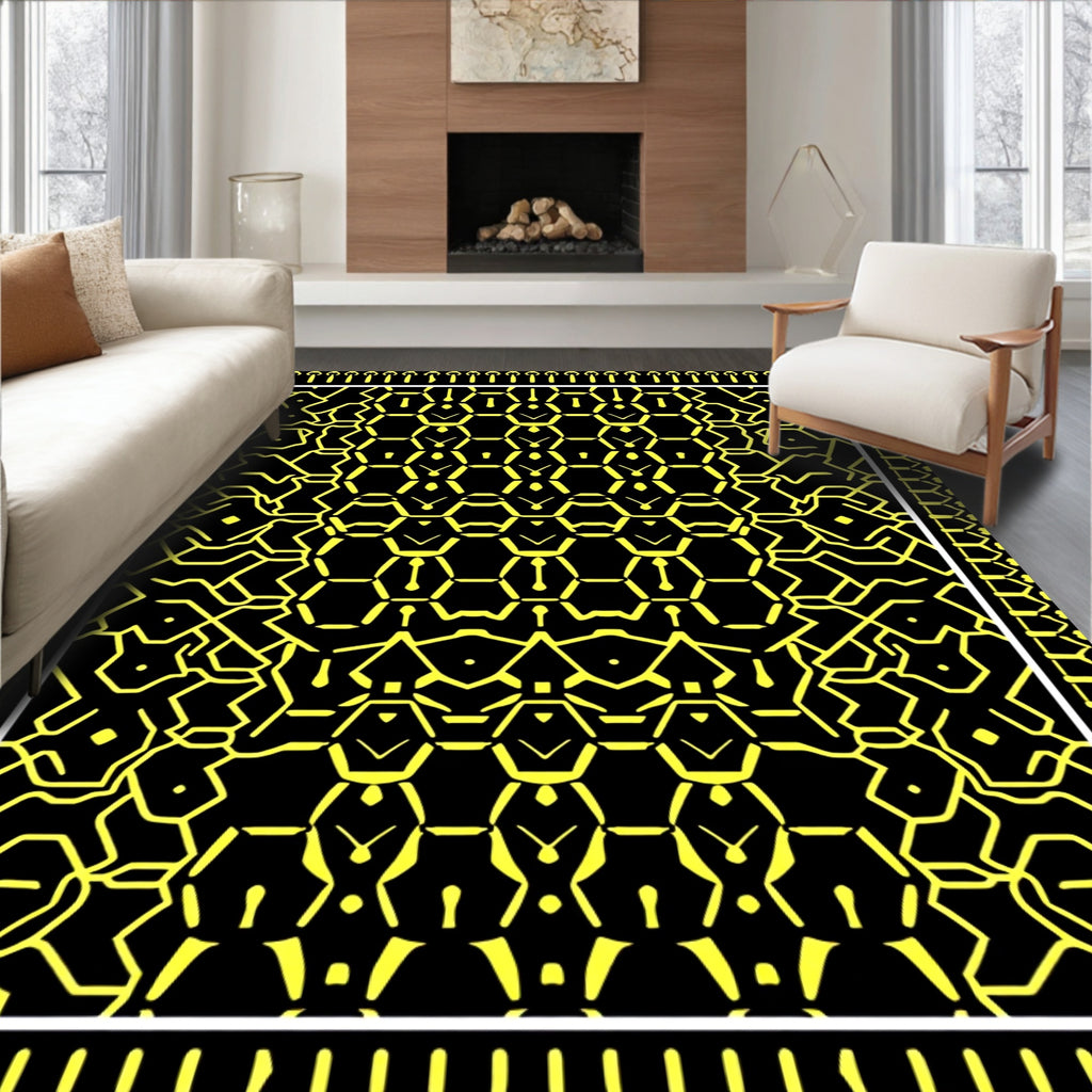 Black Yellow Geometric Hexagon Rug