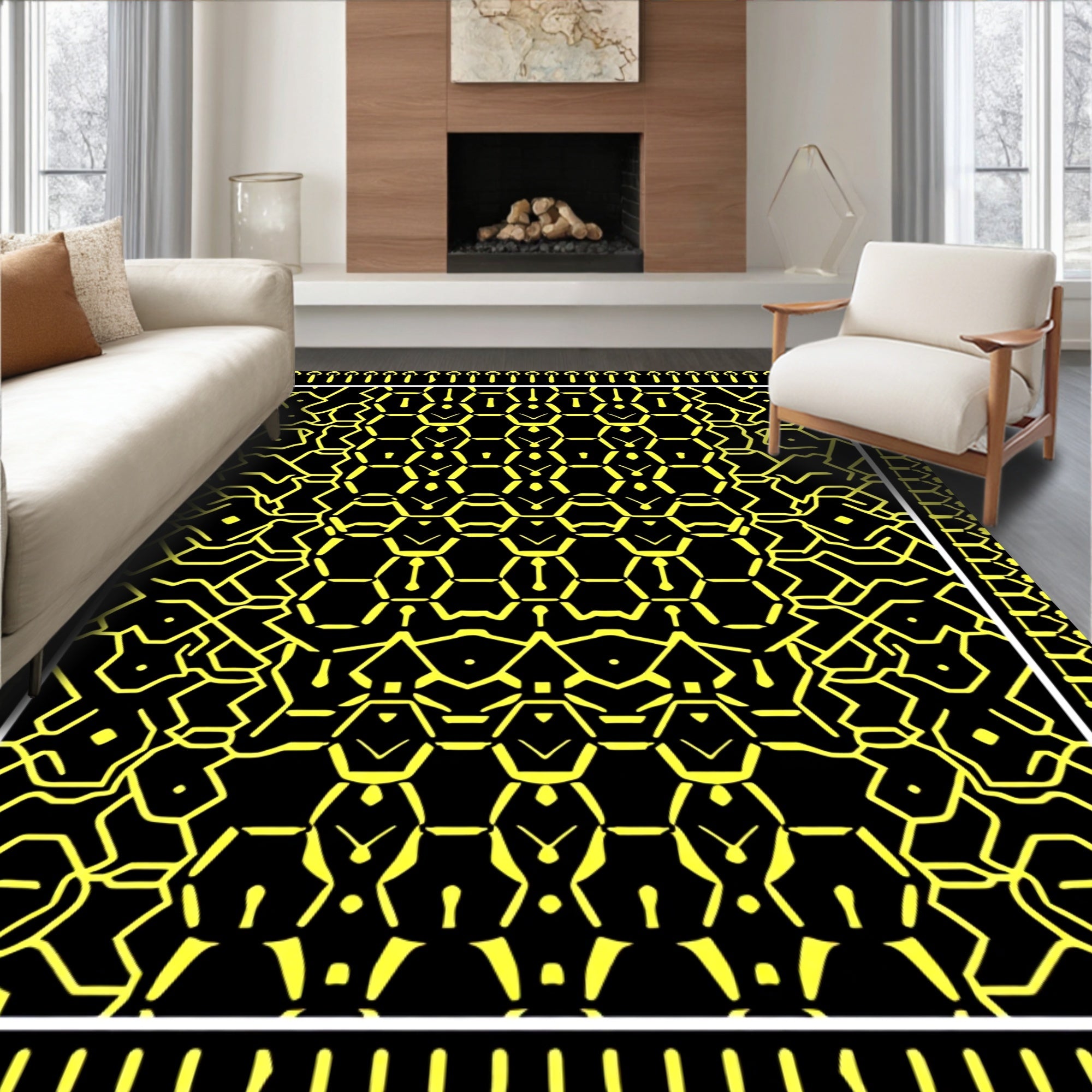Black Yellow Geometric Hexagon Rug