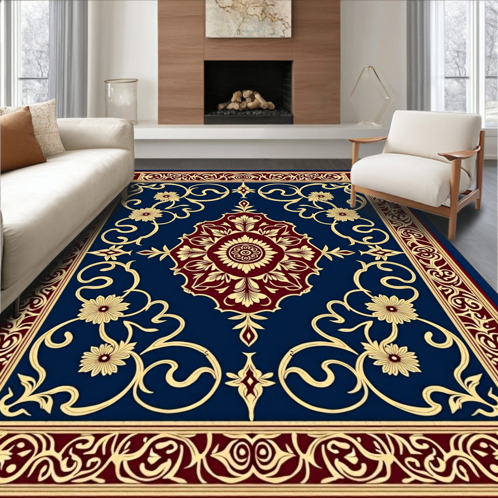 Royal Blue Burgundy Floral Medallion Border Rug