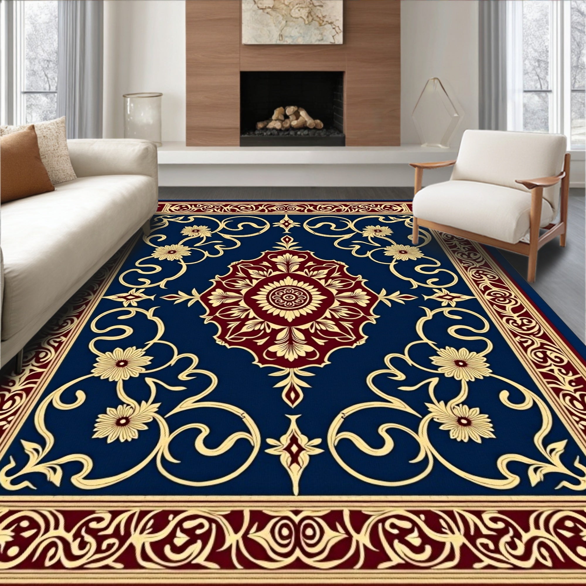 Royal Blue Burgundy Floral Medallion Border Rug
