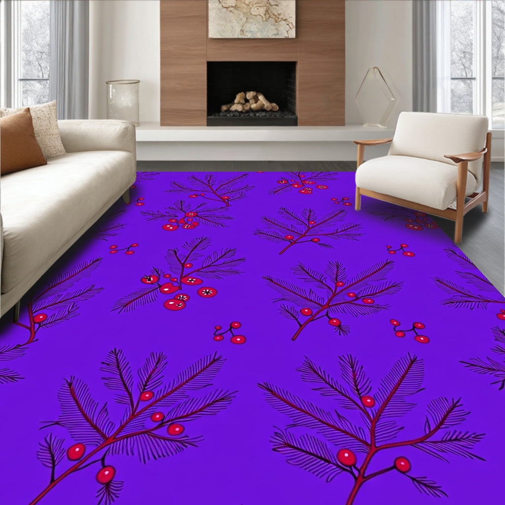 Botanical Red Berry Branches Purple Rug