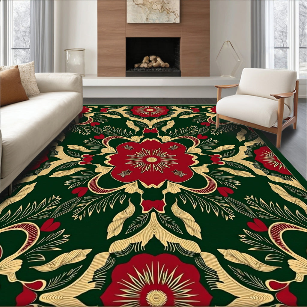 Victorian Red Floral On Forest Green Rug