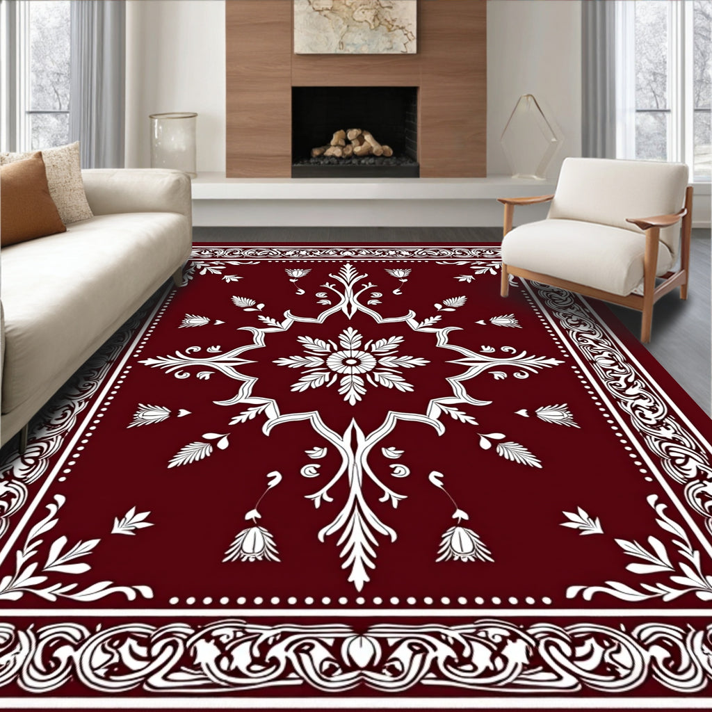 Deep Red White Floral Starburst Rug