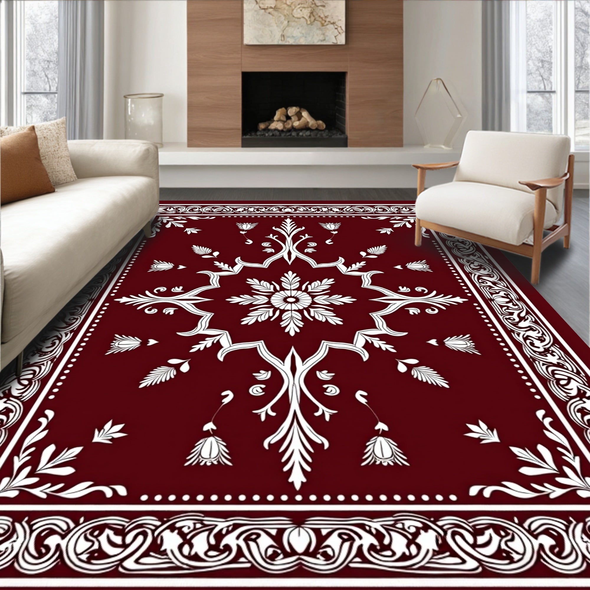 Deep Red White Floral Starburst Rug