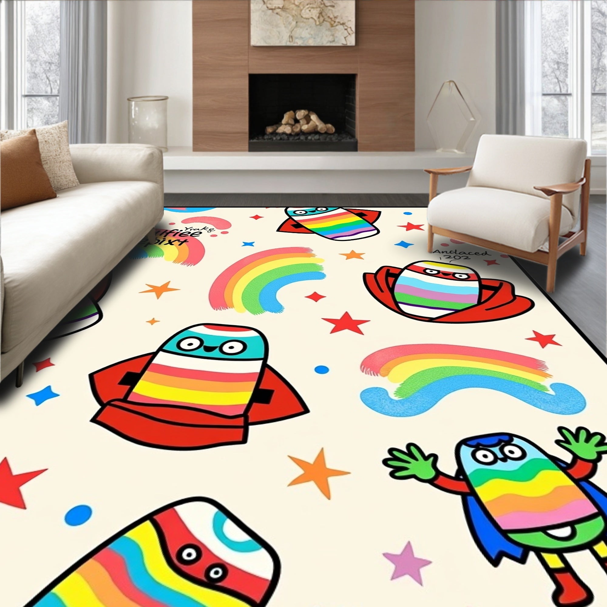 Whimsical Colorful Rainbow Rocket Characters Rug