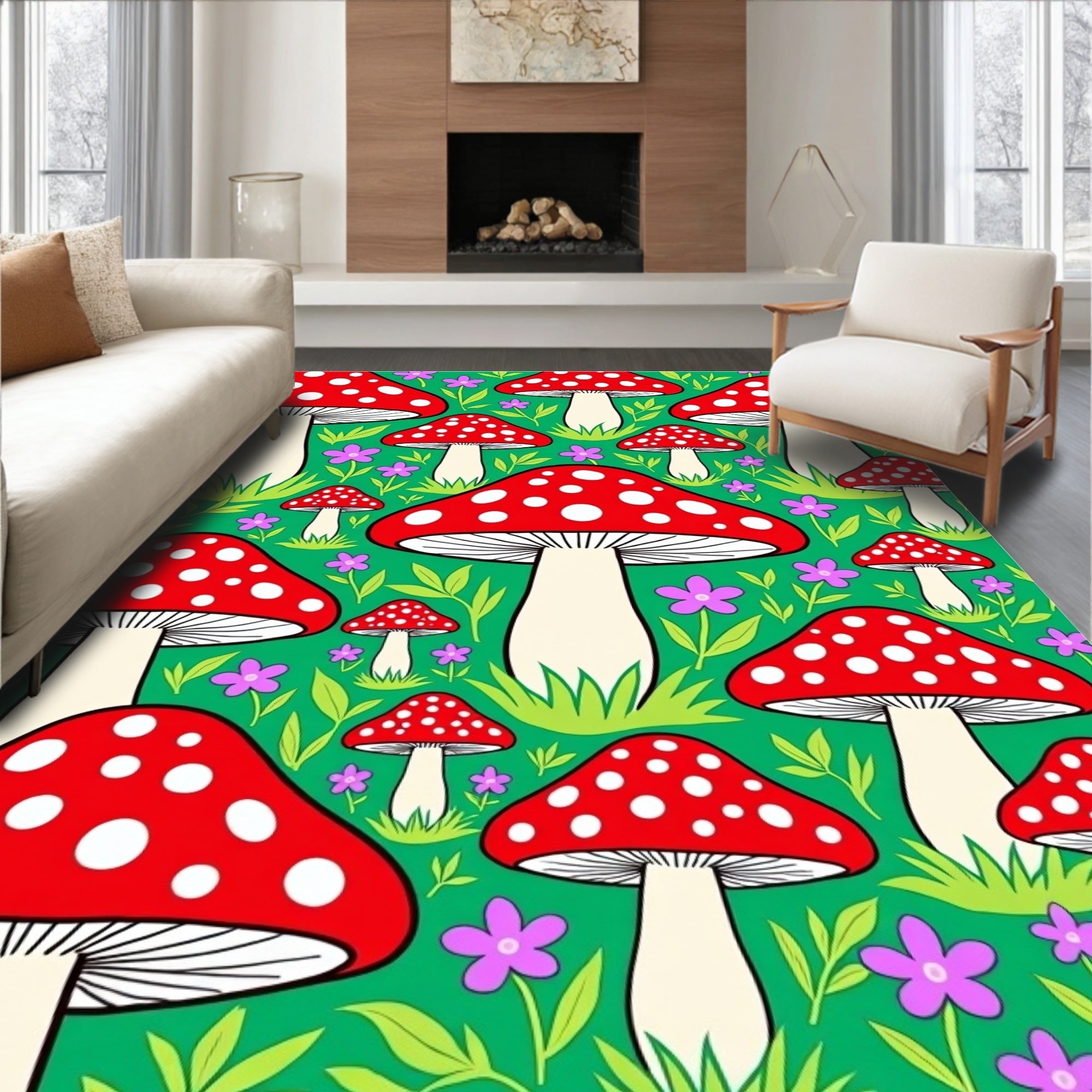 Whimsical Red Mushroom Garden Rug