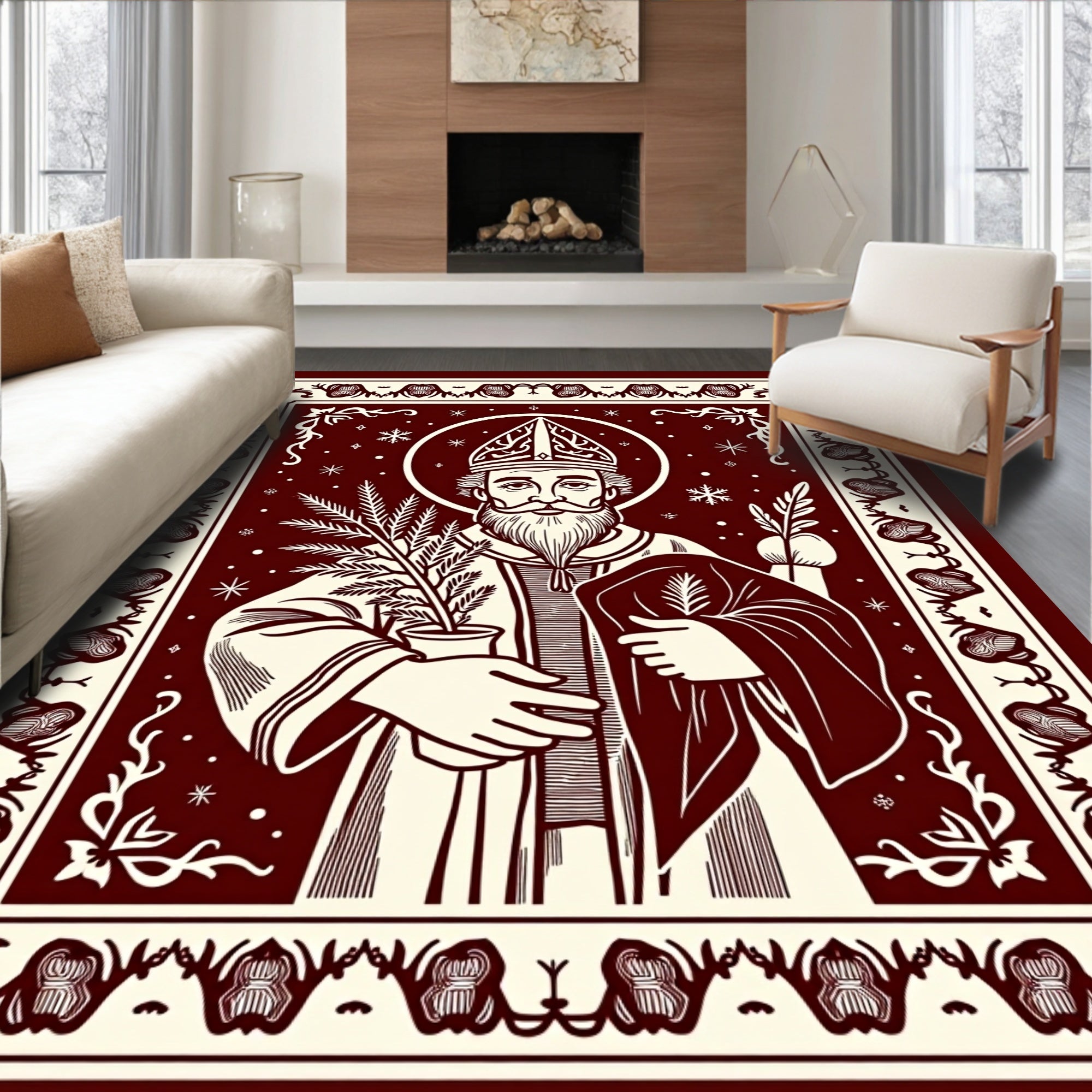 Crimson Saint Nicholas Botanical Snowflakes Rug