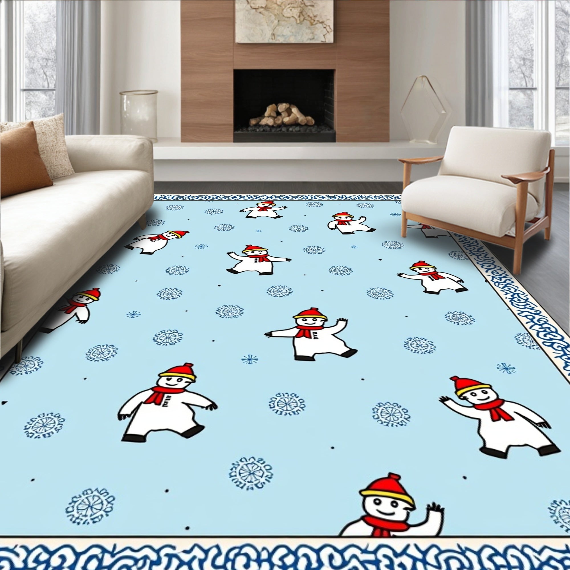 Light Blue Snowman Snowflake Winter Border Rug