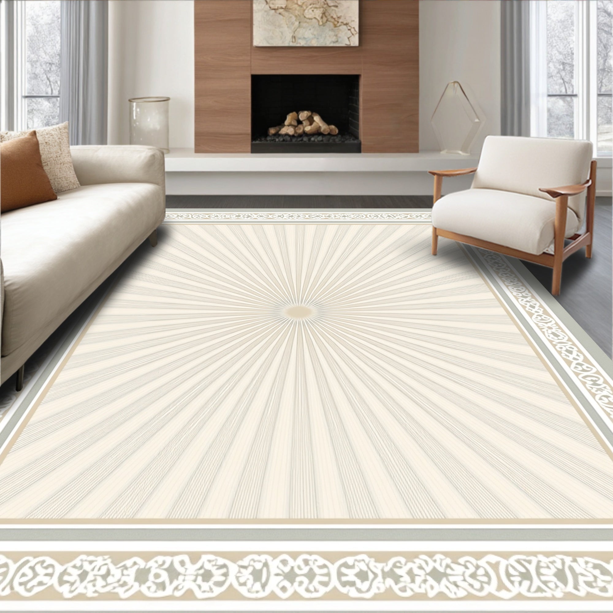 Ethereal Sunburst With Geometric Border Rug