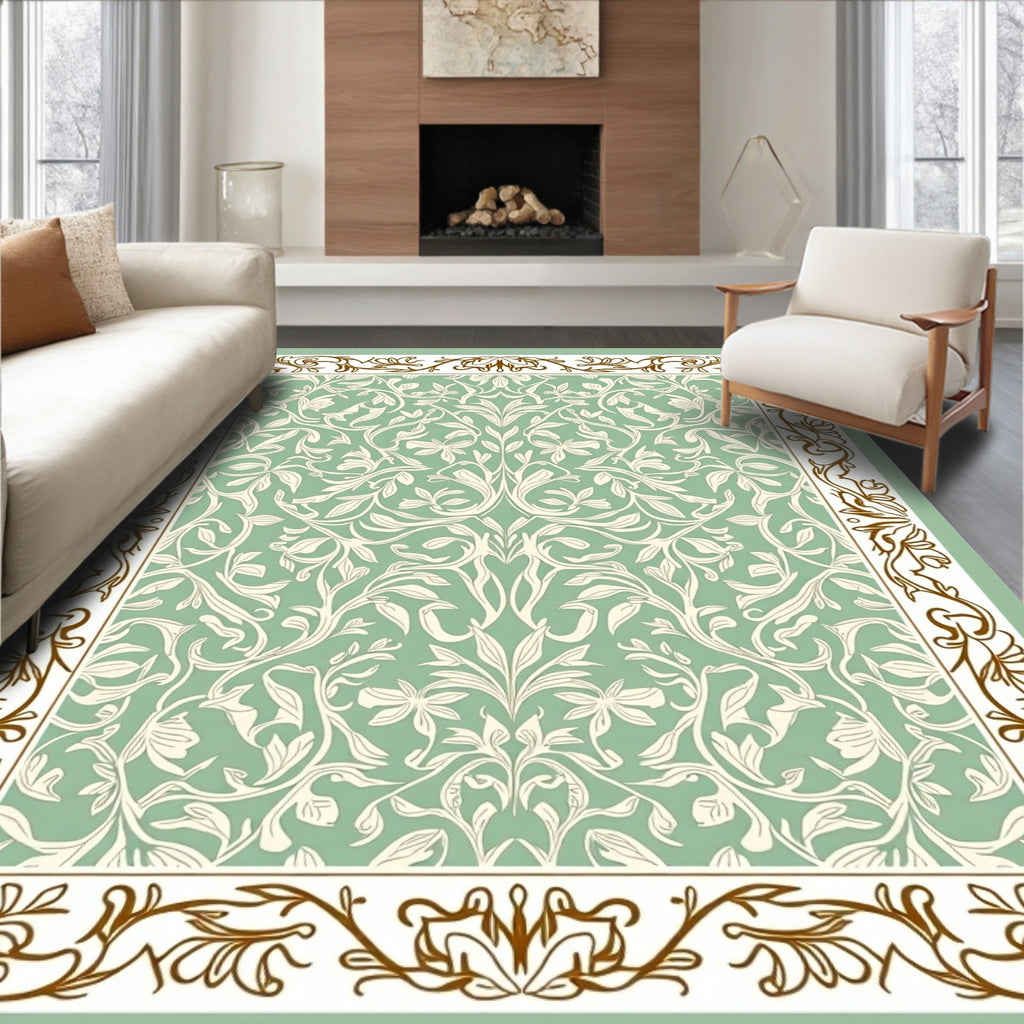 Pastel Green Floral Vine Inlay Rug