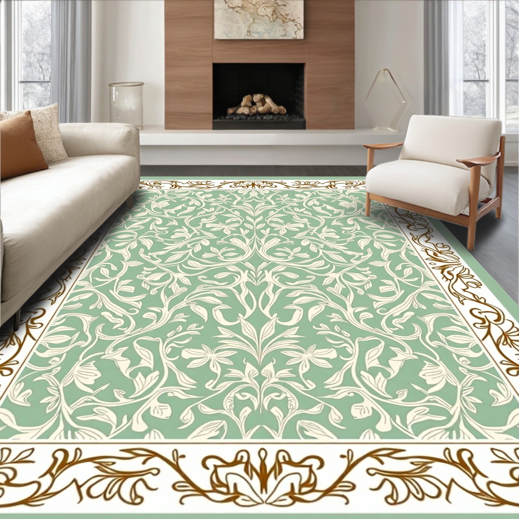 Pastel Green Floral Vine Inlay Rug