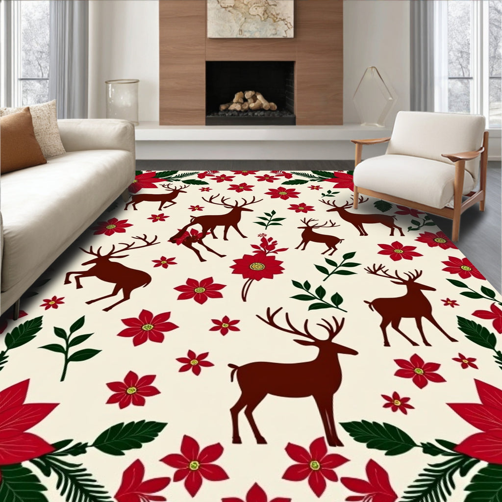 Red Floral Deer Silhouette Repeat Rug
