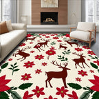 Red Floral Deer Silhouette Repeat Rug