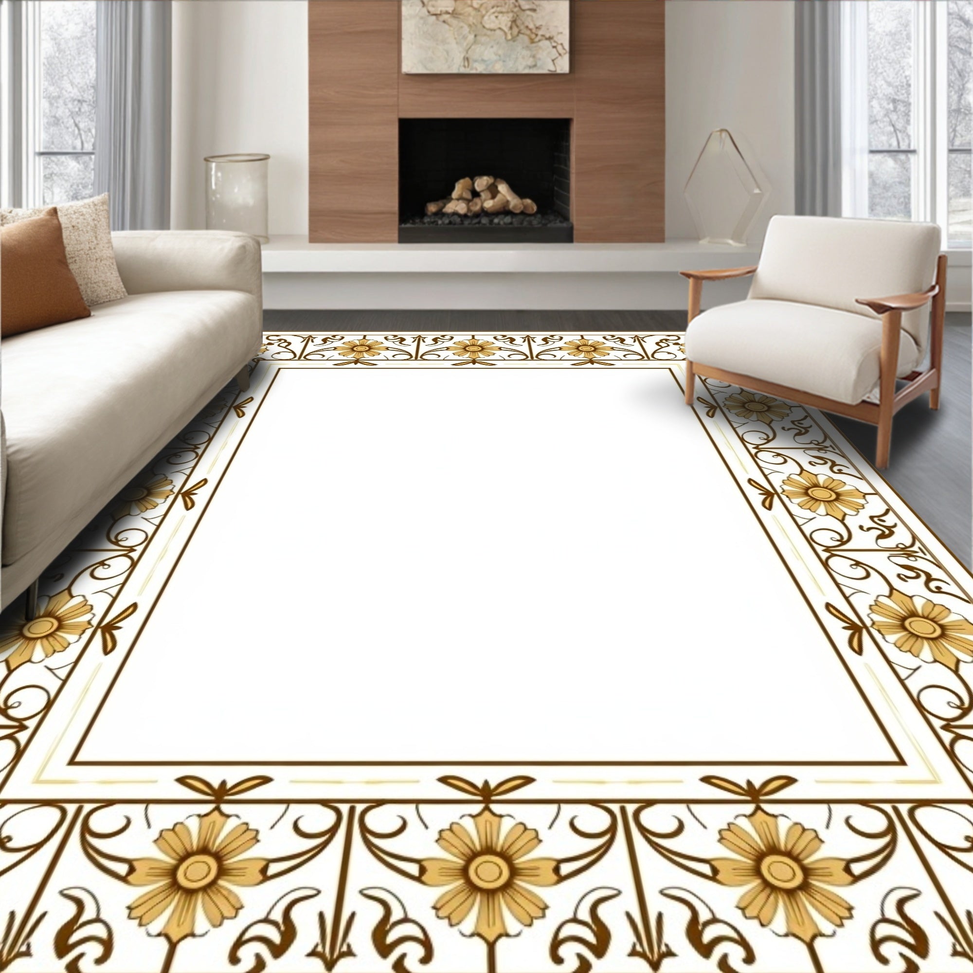 Ornate Golden Floral Vine Border Rug