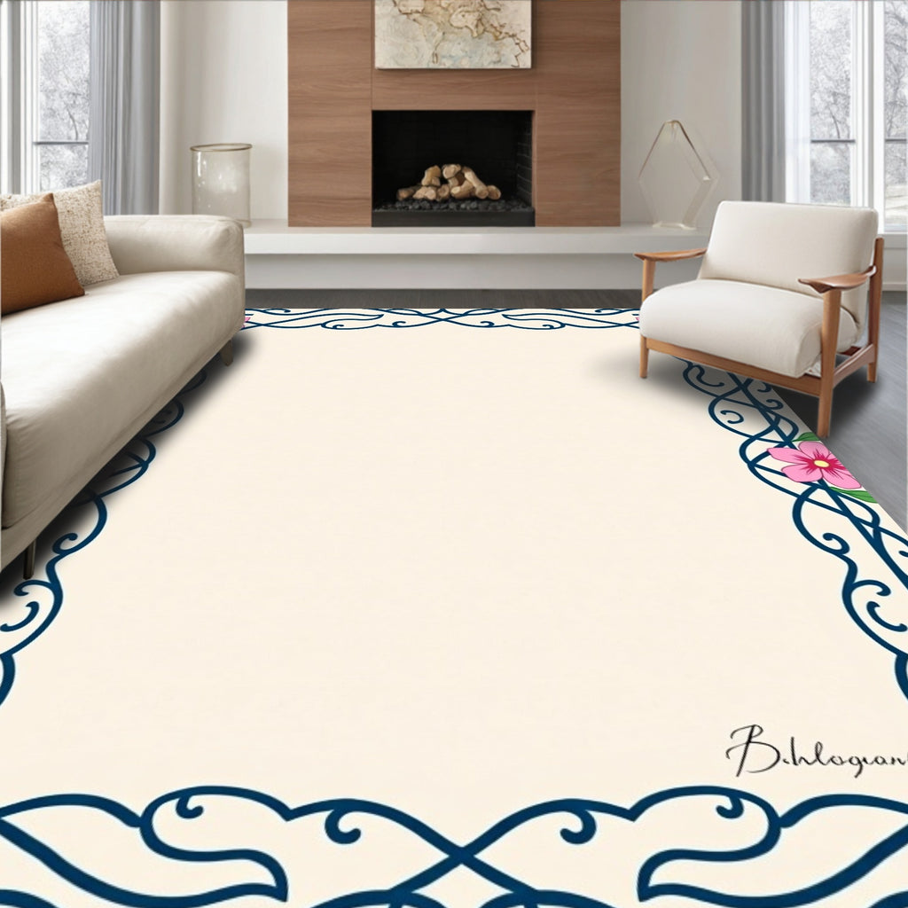 Navy Blue Floral Vine Swirl Frame Rug