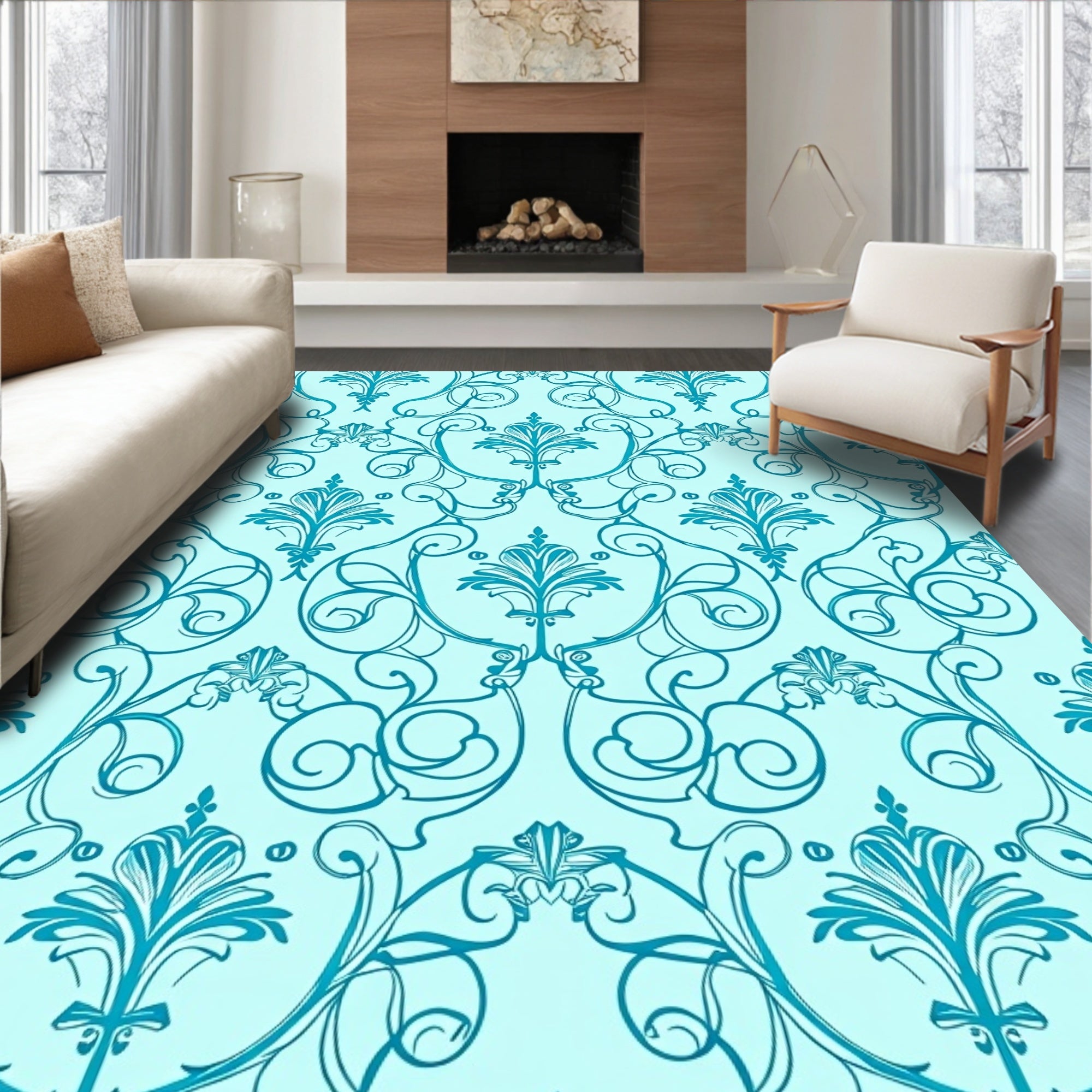 Aqua Teal Rococo Swirl Flora Rug
