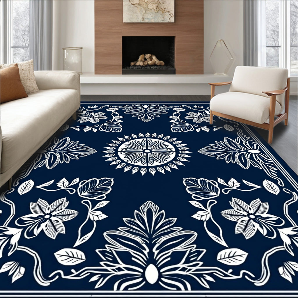 Deep Blue White Victorian Floral Medallion Rug