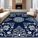 Deep Blue White Victorian Floral Medallion Rug