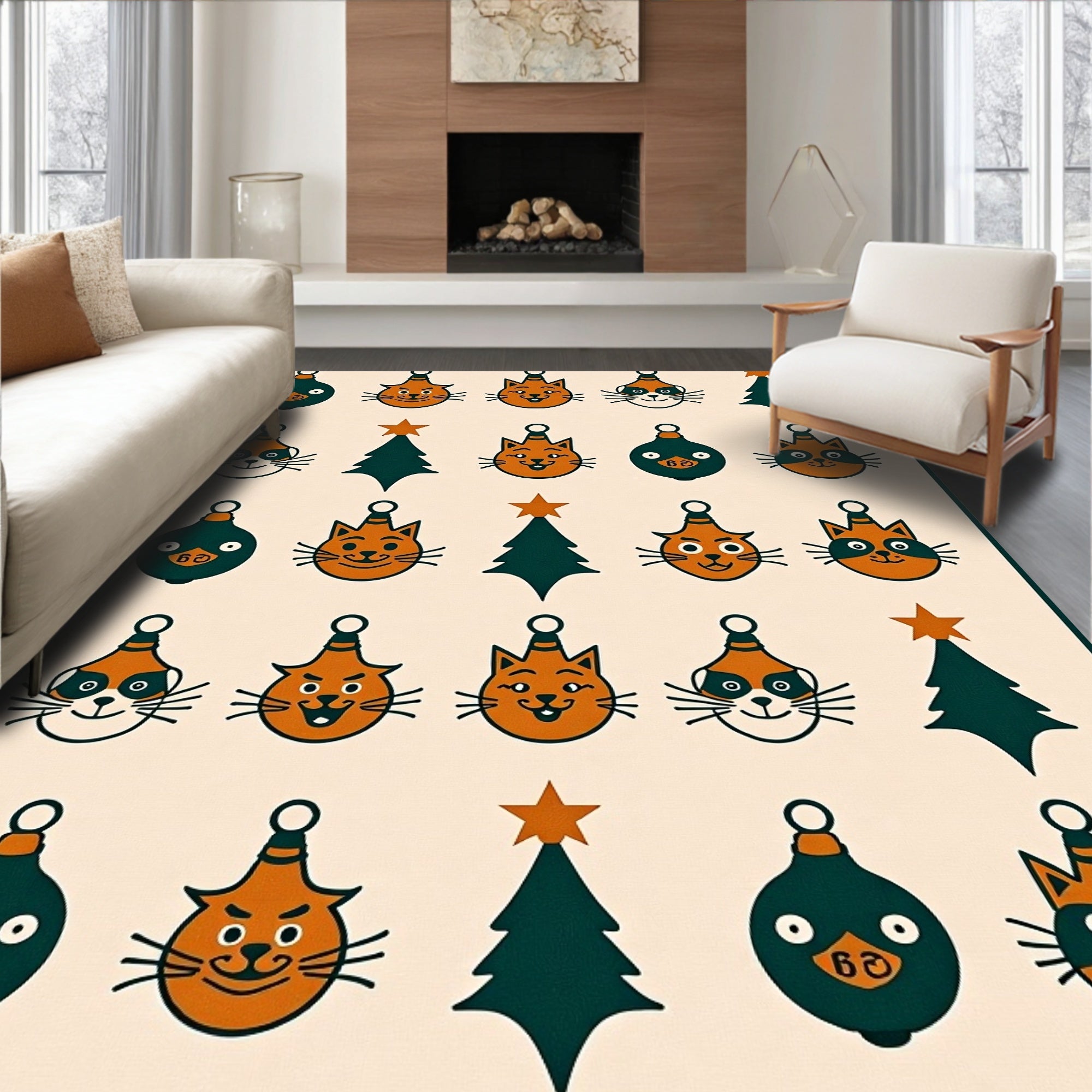 Retro Orange Cat Christmas Ornament Rug