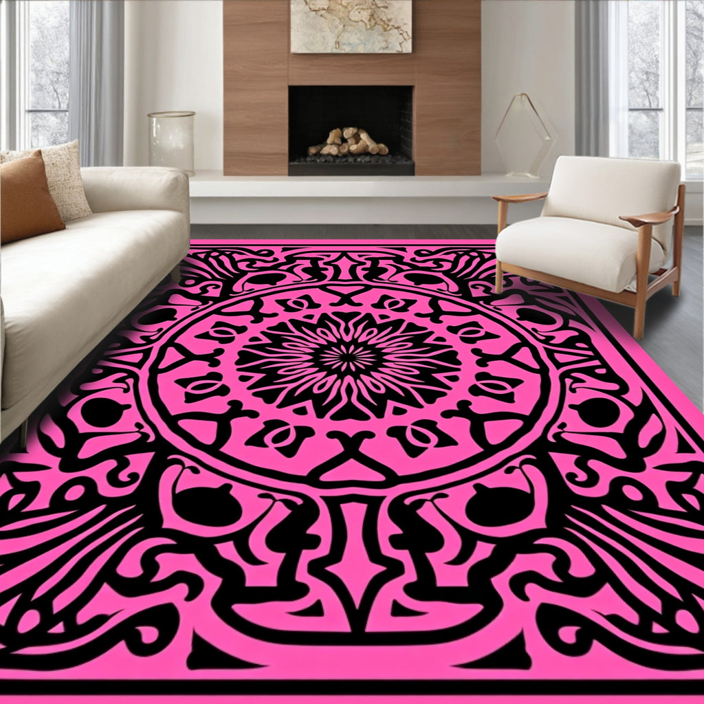 Vibrant Pink Black Mandala Ornament Rug