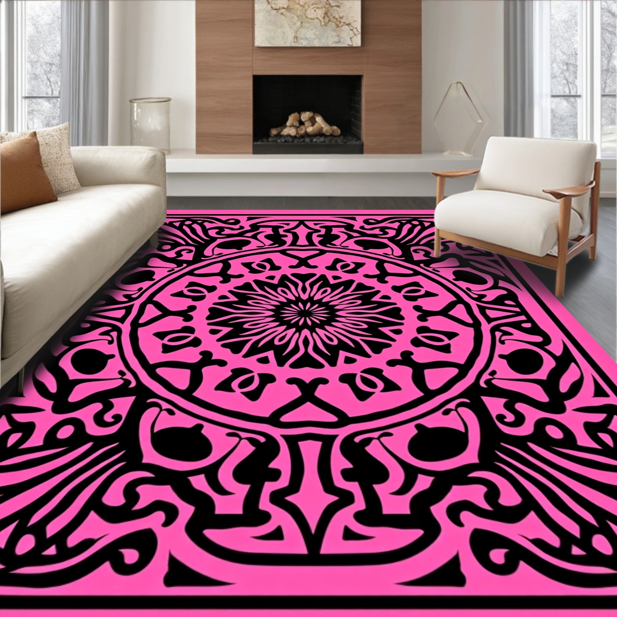 Vibrant Pink Black Mandala Ornament Rug