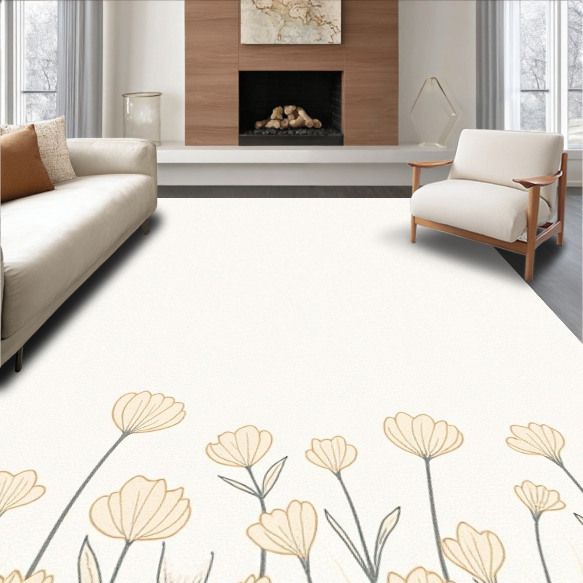 Minimalist Cream Floral Meadow Rug