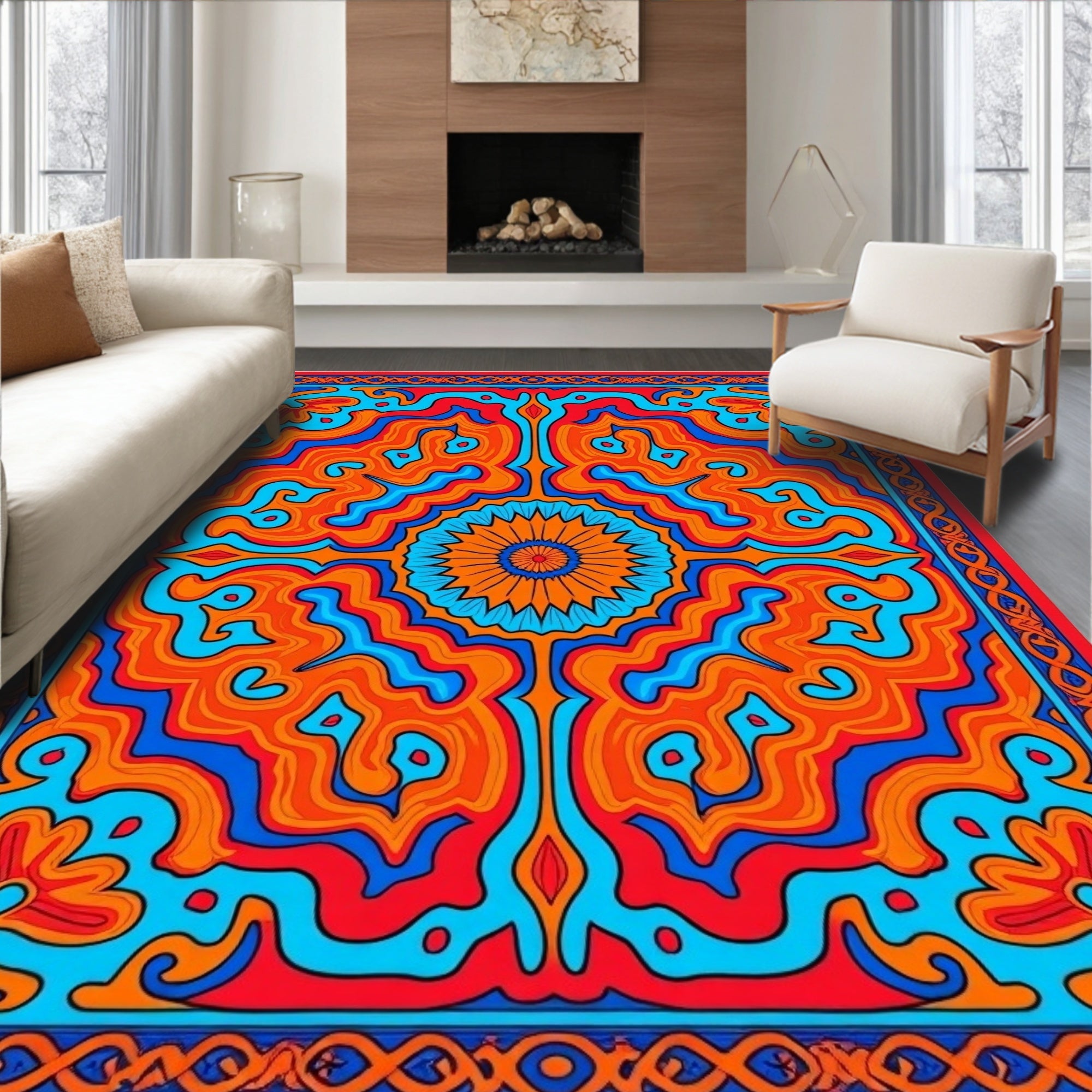 Psychedelic Orange Blue Floral Swirl Rug