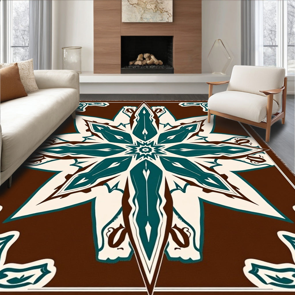 Dark Brown Teal Floral Medallion Rug