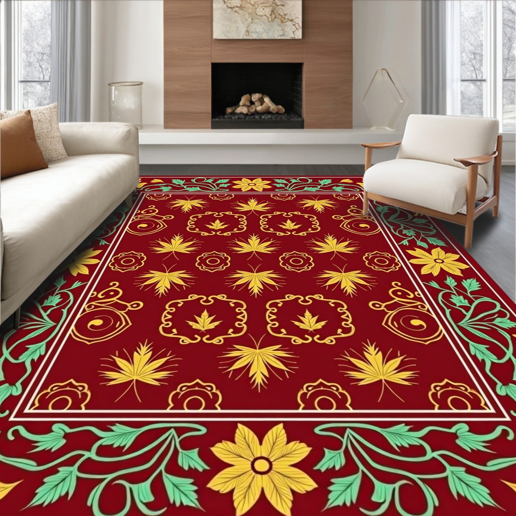 Regal Crimson Floral Vine Border Rug