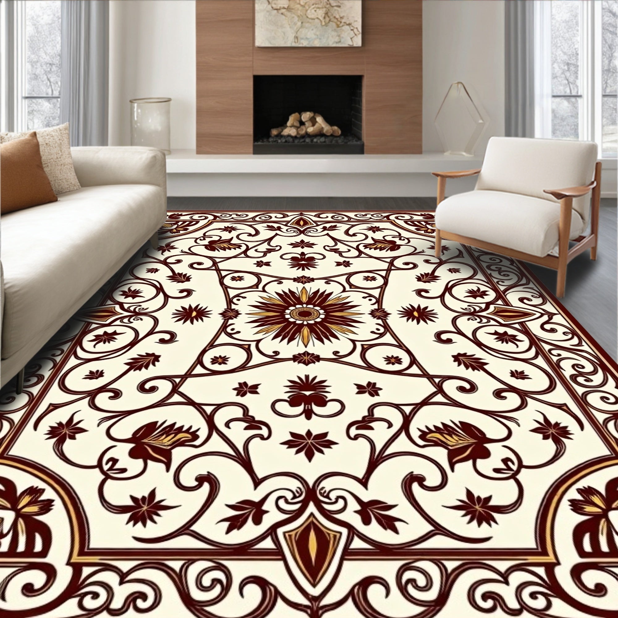 Crimson Floral Scroll Cream Rug