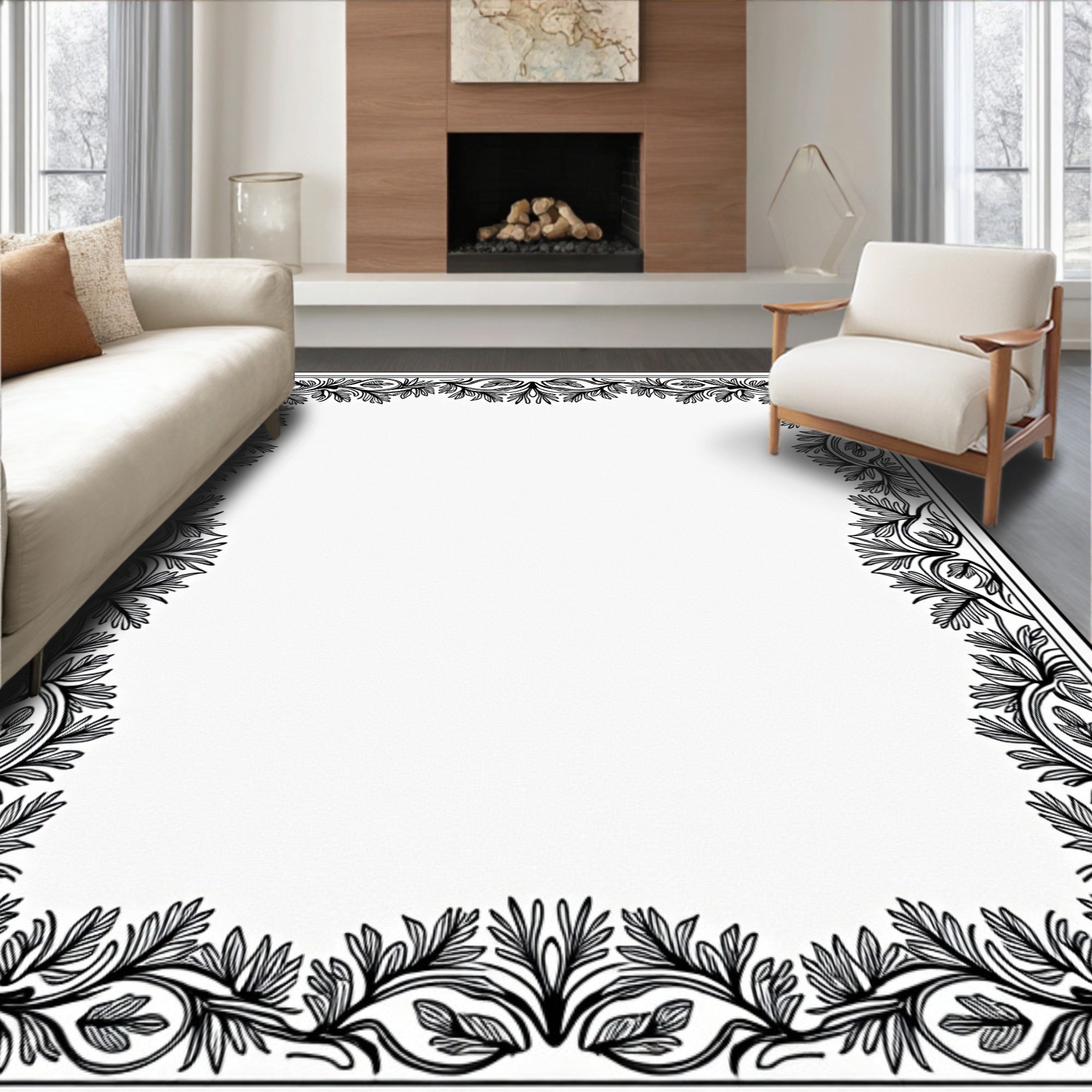 Elegant Black Leafy Vines Frame Rug