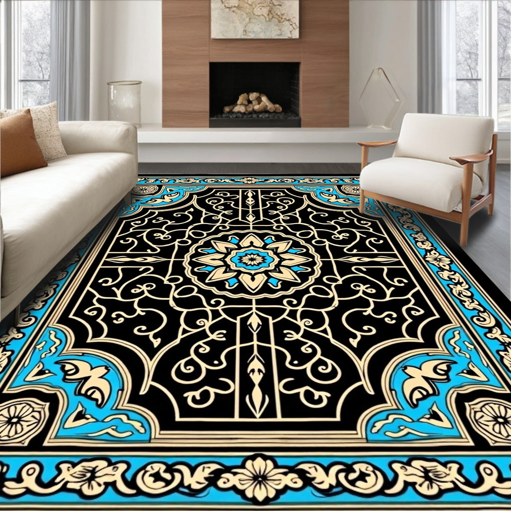 Black Blue Golden Floral Medallion Rug