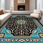 Black Blue Golden Floral Medallion Rug