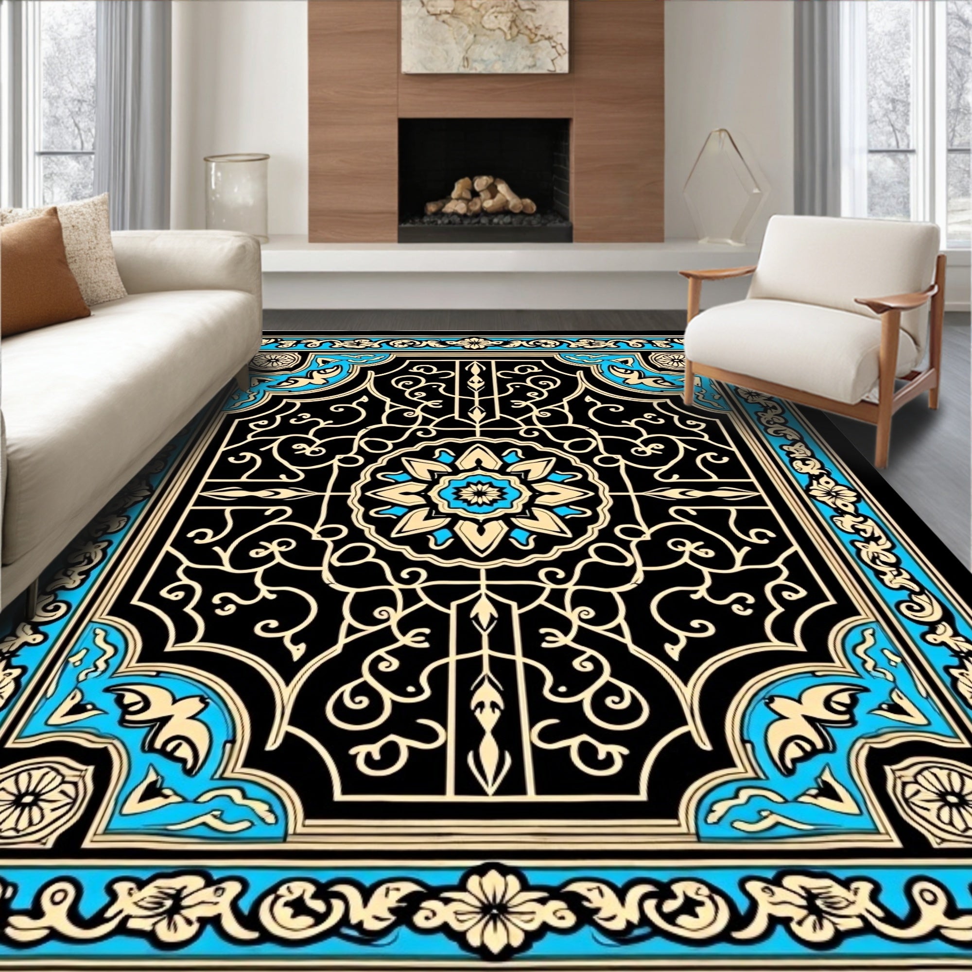 Black Blue Golden Floral Medallion Rug